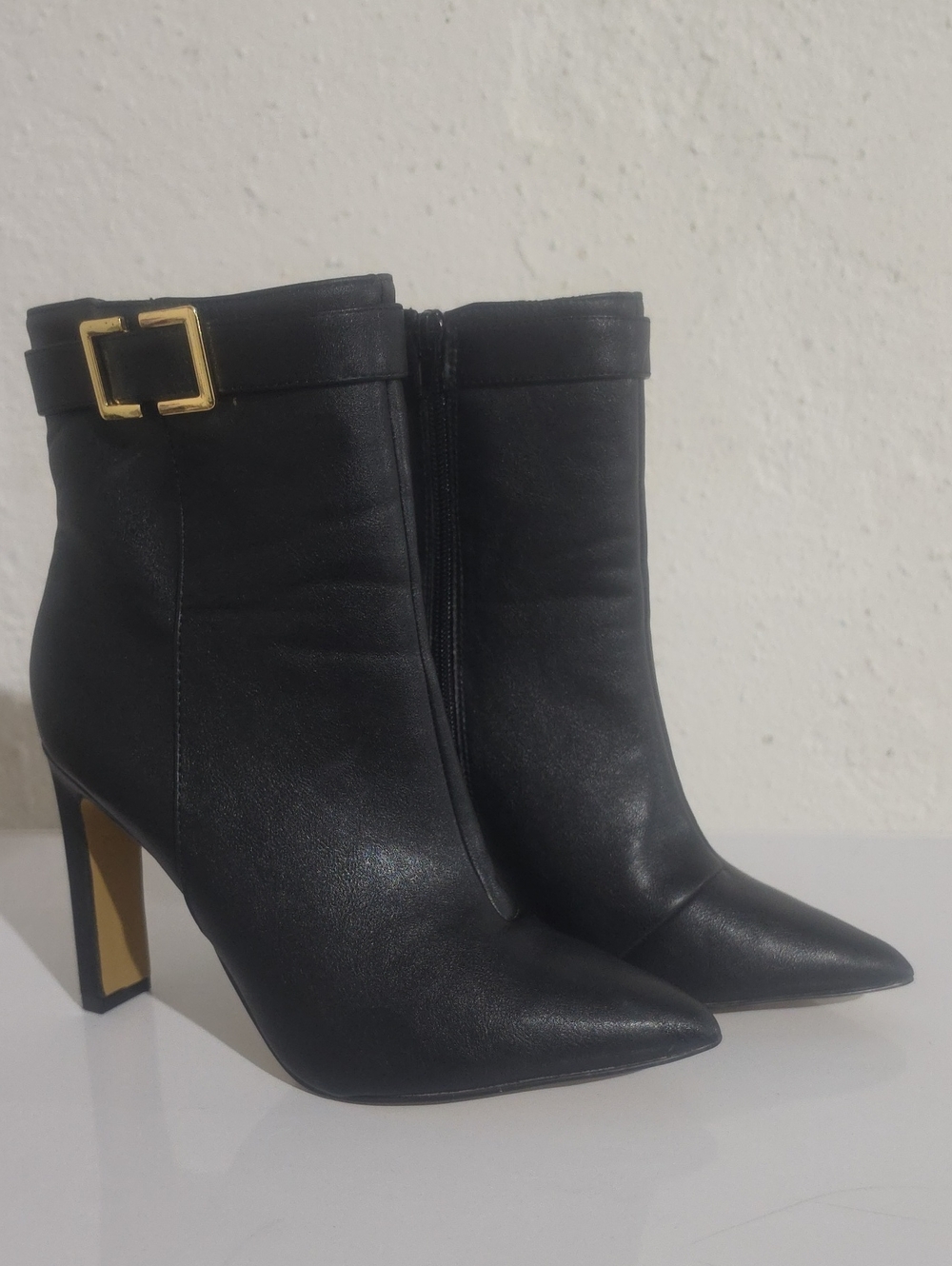 NY & CO. Women's Black Pointed-Toe High Heel Ankle Boots with Gold Buckle Accent